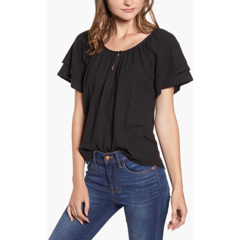 Madewell Tiered Sleeve Top - Black NEW WITH TAGS